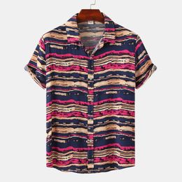 Men's Casual Shirts Summer Mens Vintage Ethnic Striped For Men Lapel Holiday Short Sleeve Hawaiian Shirt Blouses Designer ClothesMen's