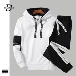 Men Casual Set Hooded Solid Patchwork Autumn Men's Sportswear HoodiesPants 2PCS Sets Hip Hop Street Loose Tracksuits 201128