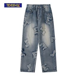 Moda Geniş Bacak Pantolon 3D Işlemeli Denim Kot Erkekler Hip Hop Streetwear Sonbahar Kış Giyim 220328