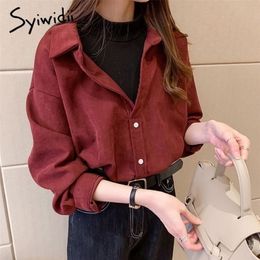 Syiwidii Corduroy Blouses Fake Two Pieces Shirt Plus Size Clothing for Women Blouses Tops Vintage Korean Solid Red Yellow Casual 210326