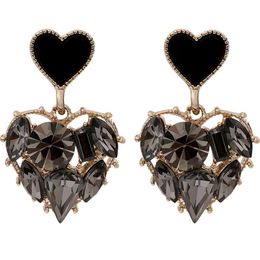 S2858 Fashion Jewelry Black Heart Diamond Rhinestone Dangle Earrings S925 Silver Post Women Elegant Hearts Earrings