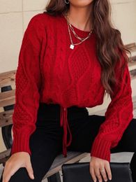 Women's Sweaters LiTi Women Sweater Winter Solid Round Neck Loose High Short Top Red Pull-Up Waist Cable Knit Drawstring SweaterWomen's