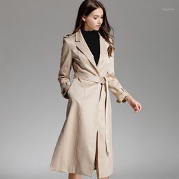 Women's Trench Coats Autumn Women Classic Long Turn-down Collar Elegant Coat With Belt Ladies Business Slim Outwear TR11