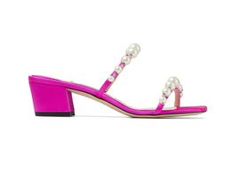 Luxurious Design Amara Women Sandal Pearl Pink high heels Strap Slippers Chunky Heels Mule Square Toe Lady Summer Pumps Dress Party Wedding