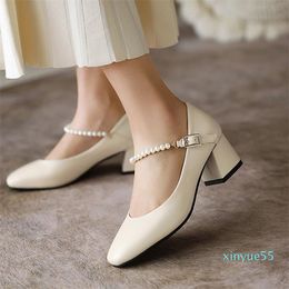 Dress Shoes Fashion String Bead Buckle Pumps For Bridal Wedding Party Block High Black Heels Women Ladies