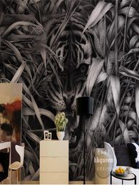 Room Decor Wallpaper 3D animal Moisture-proof Murals Rolls Grass Tiger Bblack and White Domineering Fangs 3D Photo For Walls Roll