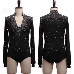Stage Wear Sparkly Rhinestones Latin Dance Tops For Men White Black Colour V-neck Shirts Bodysuit Male Competition CostumeStage