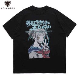 Aolamegs Oversized Men T-shirts Anime Girl Graphic Print Black T-shirts Summer Hip Hop Tee Tops Fashion Loose Unisex Streetwear Y220630