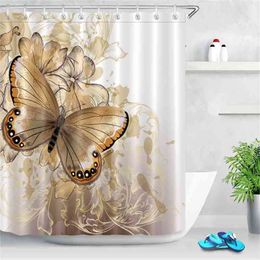 Cute Stylish Floral White and Gold Shower Curtains Butterfly Luxury Bathroom Curtain Fabric Polyester for Bathtub Decor 210402