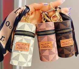 Leather Key Chains Lipstick Holder Flower Plaid Silk Scarf Keychains Fluorescent Storage Bag Charm Pendant Women Car Keyring Ring Gift 1 pc