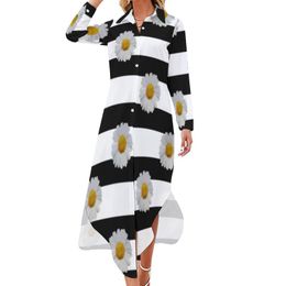 Casual Dresses White Floral Daisies Dress Black Stripes Print Street Fashion Sexy Beach Chiffon Long Sleeve VestidoCasual