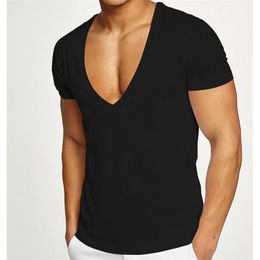 Men's T Shirts Men Gyms Bodybuilding T-Shirt Deep V-Neck Show Chest Muscle Short Sleeve Tshirt Fitness Tee Shirt Activewear 6 Colors