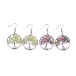 gemstone chips Canada - Beauty Round Shaped Dangle Earrings For Women Ancient Copper Wire Wrapped Tree of Life Amulet Natural Gemstone chips Beads Hanging Earring DBR342