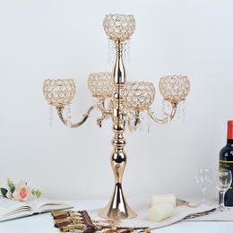 decoration 5 Arm candelabras Wholesale Metal Tall Table Gold Events Crystal Candle Holder Wedding Candelabra Centrepieces imake 140