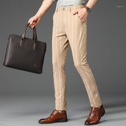 Men's Pants Spring Summer Stripe Casual Trousers Slim Slacks Thin Breathable Cotton Khaki Banquet Wedding Suit Male