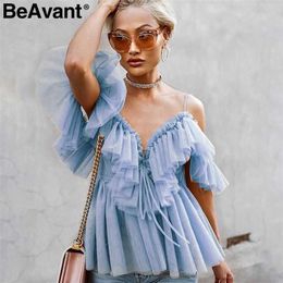 BeAvant Vintage ruffle summer women blouses shirt tops Off shoulder sexy peplum top female Mesh backless feminine blouse blusas 210709