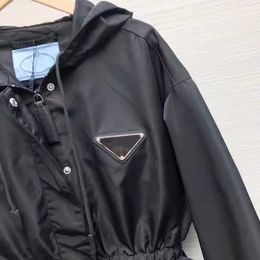 Real photos-Womens Designer Jacket Hooded Outerwear Fashion Solid Colour Metal Triangle Windbreaker Jackets Casual Ladies Jacket Coat Clothing Size S M L