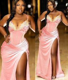 Plus Size Arabic Aso Ebi Pink Veet Sexy Prom Dresses Beaded Crystals Evening Formal Party Second Reception Birthday Engagement Bridesmaid Gowns Dress Zj366 407