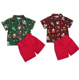 Clothing Sets 2PCS Set Christmas Kids Boy Clothes Santa Print Short Sleeve Single Breasted Shirts Shorts Boys Gentleman Xmas