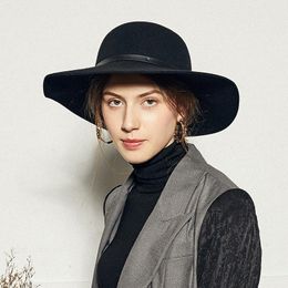 Feanie/crânio Caps Europeu American Designer Style Belt Dome Retro Lã Chapéus para mulheres Fedora Alta qualidade Sombrero Mujer Black Khakibea
