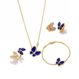 Europa Amerika Modeschmuck Sets Dame Frauen Messing Fassungen Diamant Lapislazuli 18 Karat Gold Zwei Schmetterling Ring Ohrringe Armband Halskette