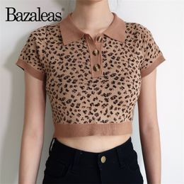 Bazaleas Fashion Knitted Crop top Vintage Cropped tshirt women Retro Leopard Women Tshirt harajuku Tee Drop shipping T200110