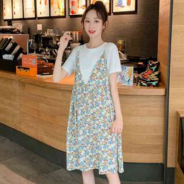 Pregnant Women Summer Holiday Clothing Short Sleeves Oneck Cotton Patchwork Floral Chiffon Dress Maternity Aline Dress Wholesale J220628