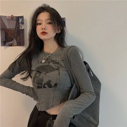 Korean Fashion Clothing Casual Slim T-shirt For Women O Neck Long Sleeve Sexy Crop Top Grunge Letters Print Female 220321
