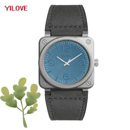 Simple Casual Men's Luxury Business Watch Square Stainless Steel Case Round Dial Multi-Function Clock Leather Strap Timing Wristwatch