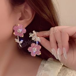 Asymmetric sweet pink diamond flower light luxury stud earrings For Women Korean Fashion earring birthday Party Jewellery Gifts