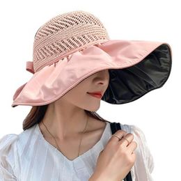 Wide Brim Hats Big-Brimmed Fisherman's Hat Sun Block Cap UV Black Glue Hollow Top Face Beach Straw HatWide