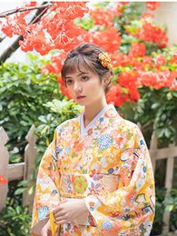Ethnic Clothing Women's Japanese Traditional Kimono Yellow Color Fans Prints Classic Yukata Cosplay Clothinig Pography Dress Stage Wear