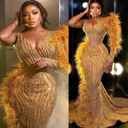 2022 Plus Size Arabic Aso Ebi Gold Mermaid Luxurious Prom Dresses Feather Beaded Evening Formal Party Second Reception Birthday Engagement Gowns Dress ZJ666