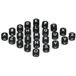 12mm alphabet beads UK - Kovict 50 100 200 500 1000 pc 12mm Black Silicone Alphabet Letter Beads Baby Teeth Pacifier Chain Silicone Baby Teether BPA FREE 220407