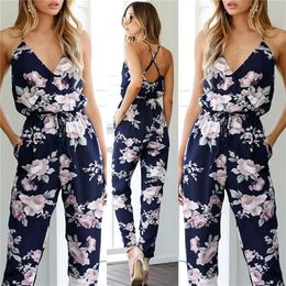 Women Jumpsuit Ladies Playsuit Party V-Neck Floral Print Bandge Rompers High Waist Long Trousers Clubwear Skinny Slim Clothing 220725