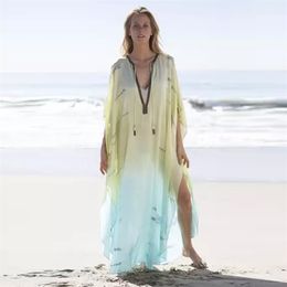 Sexy Gradient Deep v-neck Tassel Batwing Sleeve chiffon Plus Size Summer Maxi Dress For Women Casual Party Dresses A1001 220510