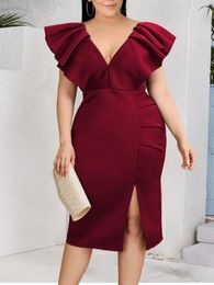 red evening gowns Australia - Casual Dresses Elegant Women Party Curve Vintage Wine Red Deep V Neck Backless Slit Bodycon Summer Birthday Outfits Short Evening Gowns