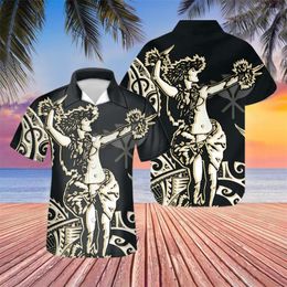 Men's Casual Shirts Hawaii Flower With Polynesian Tribe Design Men Summer Button Up Cuban Shirt Short Sleeve Turn-Down Collar OutfitMen's