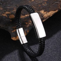 Charm Bracelets Black Simple Men Leather & Bangles Stainless Steel Fashion Braided Wristbands Male Trendy Party Jewelry PD1297Charm Inte