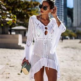 Women's Swimwear Solid Crochet Knitted Beach Cover Up Dress Tunic Hollow Out Long Pareos Bikinis Ups Swim Robe Plage Beachwear