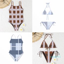 2022-Classic Plaid Stripe Printed Bikini Set Ladies Halter Swimwear Sling One Piece Swimsuit Summer Backless Bathing Suit For Holiday Travel