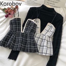 Korobov Vintage Hit Colour Elegant Women Tank Top Chic Knitted Spaghetti Strap Tops Streetwear OL Ruched Female Vest 220325