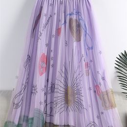 TIGENA 90cm Maxi Tulle Skirt Women Korean Style Fashion Beautiful Print A Line High Waist Pleated Long Skirt Female Pink Black 220505