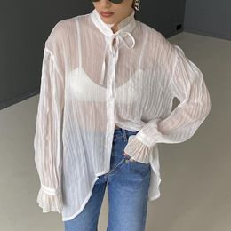 transparent shirts women Australia - Women's Blouses & Shirts Vintage Women Cardigans Button Up Chic Transparent Loose Tops Aesthetic Retro Bow Tie High Collar Closure