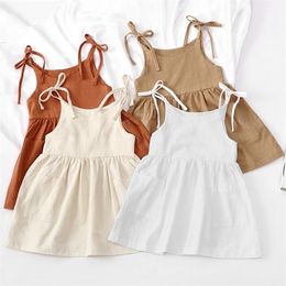 Girls Summer Cotton And Linen Lace-Up Dress Fashion Solid Colour Casual Pocket Children's Sling Dresses WT205 220422