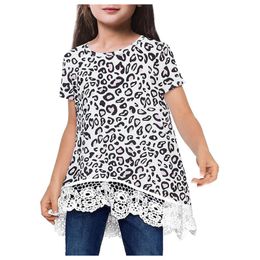 T-shirts Sunflower Leopard Printing Girl T-shirt White Lace Patchwork Short Sleeve T Shirt Toddler Kids Children Tee Top Girls ClothingT-shi