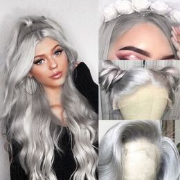 Brazilian Simulation Human Hair Wigs Long Water Wave Grey Blue Pink Purple Green Color Synthetic None Lace Front Wig Pre Plucked Non Remy 150%