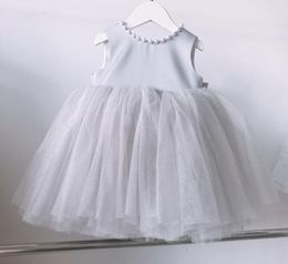 Girl's Dresses Grey Tulle Flower Girls Baptism Dress Summer Baby Girl Princess Wedding Gown Beads Infant 1 Year Birthday Christening Clothes