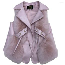 Women's Fur & Faux HJQJLJLS 2022 Luxury Quality Vest Women Turn Down Collar Leather Patchwork Coat Pink White Jacket