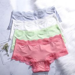 LANGSHA 4PCSlot Seamless Panties Women Sexy Solid Lace Beifs Traceless Comfot Lingerie Nylon Ice Silk Calcinhas Girls Underwear 201112